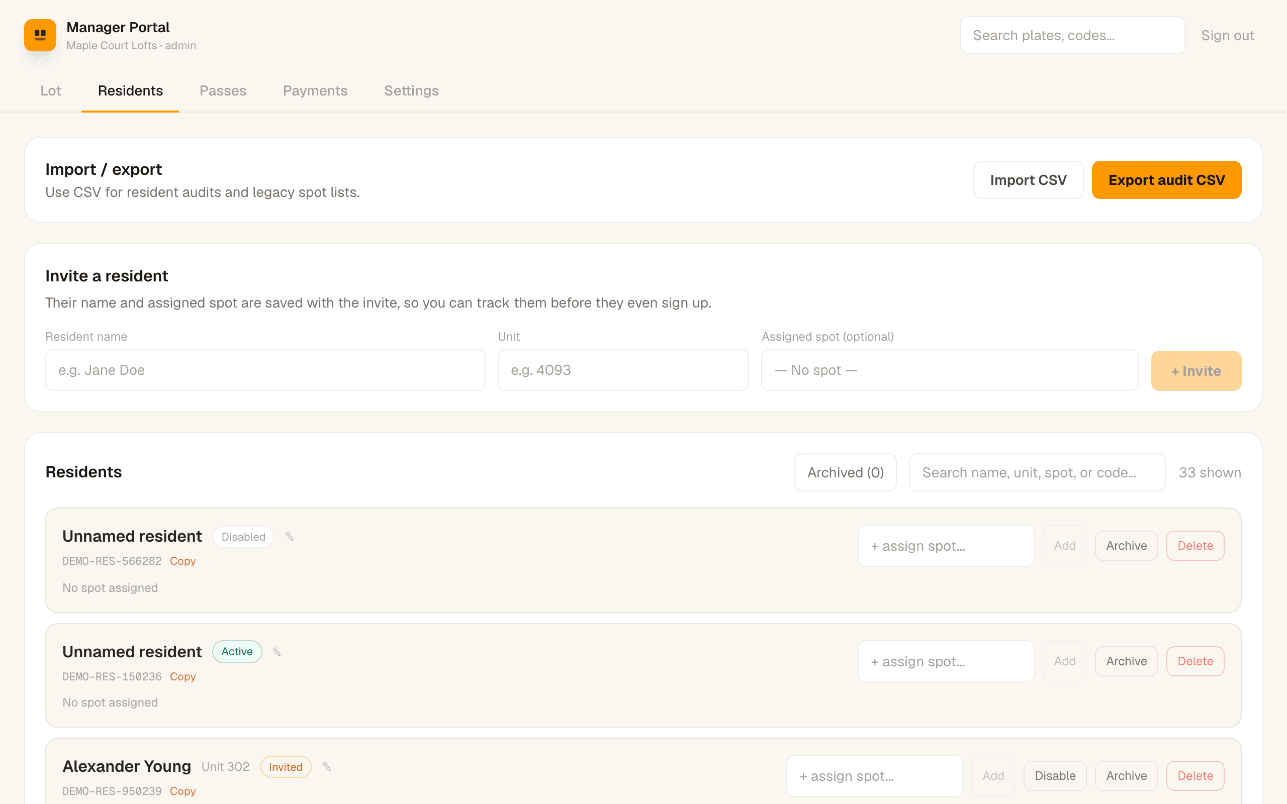 ParkFlow manager — Residents & import